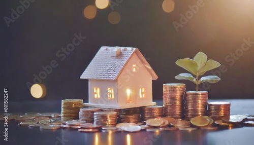 house model and money coins saving for concept saving money for buying a house investment mortgage finance and home loan refinance financial plan home loan