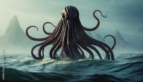 mysterious monster cthulhu in the sea huge tentacles sticking out of the water landscape 3d illustration