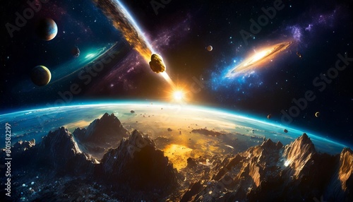view from space to the planet earth galaxies stars comet asteroid meteorite nebula saturn jupiter cosmic panorama of the universe space travel fantasy