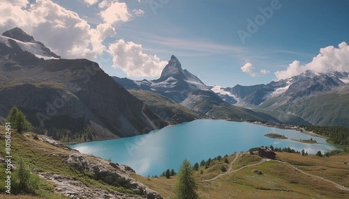 the blue lake and the matterhorn in a scenic summer landscape with sunny lights seen from breuil cervinia aosta valley italy