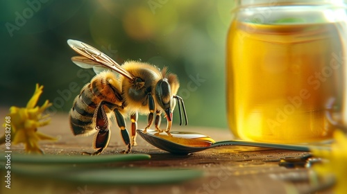 a bee happy next to a jar of honey, eating honey from a spoon 