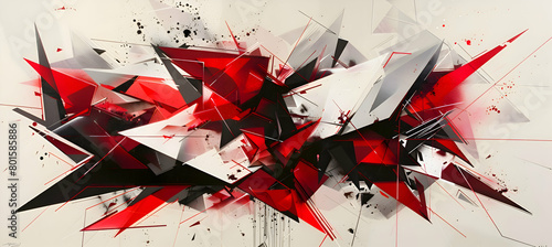 A dynamic abstract artwork with sharp angular forms in red, intermixed with deep black and pristine white, arranged to create a sense of depth, akin to a high-definition photograph