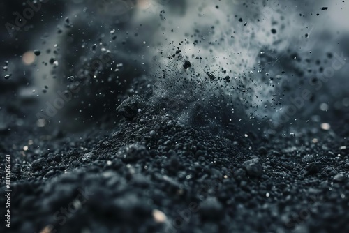 explosive black charcoal dust particles exhaling in air dynamic abstract background
