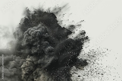 explosive black charcoal dust particles exhaling in air dynamic abstract background