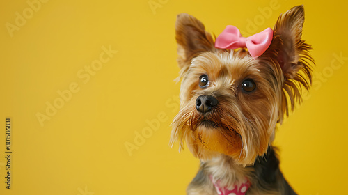 a yorkshire dog with a pink bow on its head