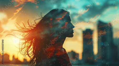 Overlay mixes the silhouette of a long-haired woman and the city at the seaside beach