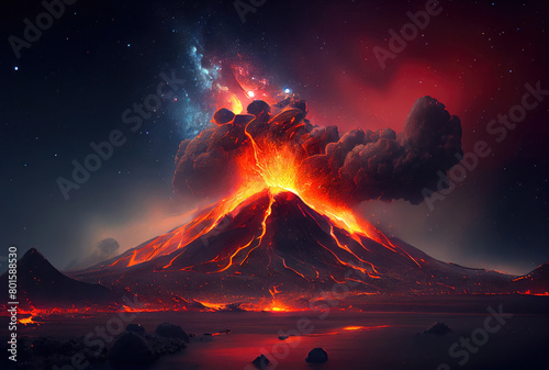 The volcano erupted with hot lava and black smoke covering the sky. Nature and disaster concept. Generative AI