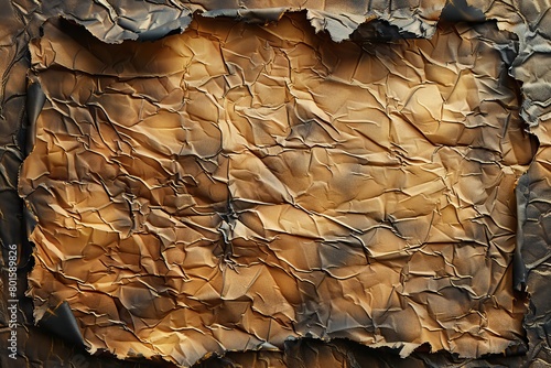 A paper with a burnt edge and a dark brown background. The paper is torn and has a rough texture