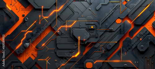 A high-definition camera style image of modern abstract wallpaper with crisp lines and geometric shapes in charcoal grey and neon orange
