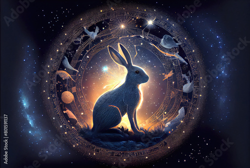 Rabbit zodiac constellation star sign and symbol in the universe with shining stars background. Generative AI