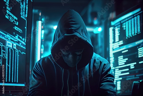 Hacker in the black hood in the server room. Unrecognizable people. Technology and Cybersecurity and Criminal concept. Generative AI