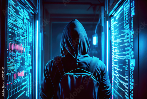 Hacker in the black hood in the server room. Unrecognizable people. Technology and Cybersecurity and Criminal concept. Generative AI