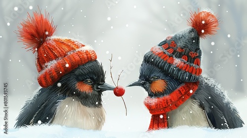  Two birds in knitted hats and scarves face each other, their beaks covered in red and black pom-poms