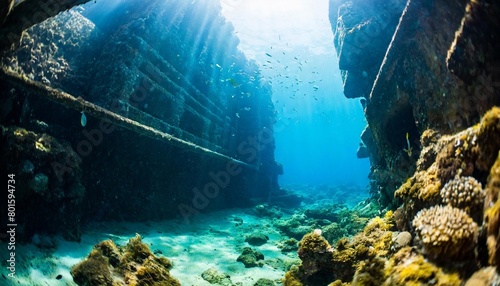 underwater ancient city in the depths of the ocean atlantis lost world ancient sunken architecture underwater gorges and tunnel lots of underwater organisms and fish underwater deep world ai