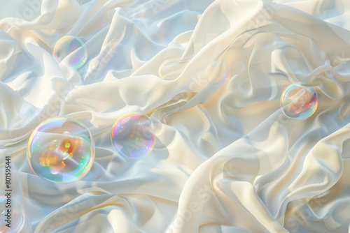 sundried linen sheets gently blowing in breeze with iridescent soap bubbles floating by concept illustration