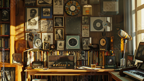 Enter a record-themed home office, where LPs double as wall art and a single vintage microphone awaits impromptu karaoke sessions.