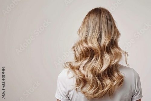 young blonde woman with wavy hair from behind beauty and fashion concept studio photography on white