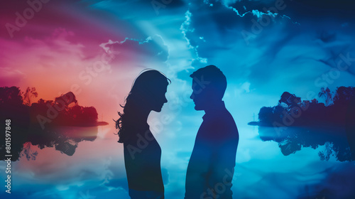 Silhouetted Couple Against Surreal Sunset. Silhouette of a young couple with vibrant, surreal sunset and cloudscape background.