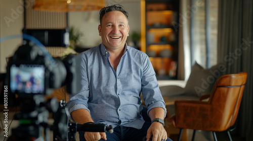 Smiling Man Being Interviewed on Camera. Cheerful man in a casual shirt sitting for an on-camera interview in a cozy room, giving a sense of approachability and openness.