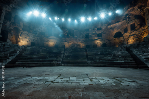 Majestic ancient amphitheater at night under a celestial star-studded sky with bright spotlights.