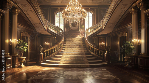 Indulge in the opulence of a grand foyer, where a sweeping staircase ascends towards a breathtaking chandelier, casting a warm glow over the richly paneled walls and ornate moldings.