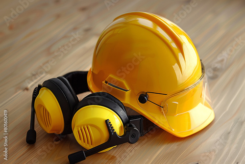 Yellow Safety Helmet and Ear Muffs on Wooden Surface