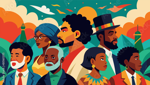 A mural depicting influential African American leaders from past to present serves as a colorful backdrop for a bustling Juneteenth parade.. Vector illustration