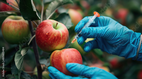A gloved hand injecting a syringe into a red apple on an orchard branch, symbolizing genetic modification. Gloved scientist modifies an apples genetics amidst the verdant orchard