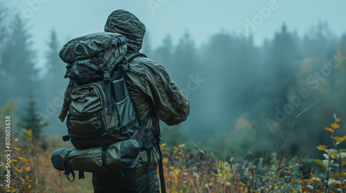 Modern survivalist with backpack and necessary survival equipment