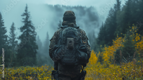 Modern survivalist with backpack and necessary survival equipment