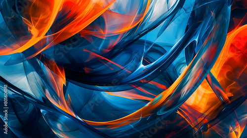 A striking abstract backdrop showcasing interweaving fluid lines and sharp geometric forms, colored in a dramatic mix of electric blue and fiery orange, shot with HD clarity