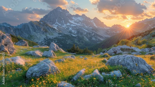 Beauty of a summer sunset in the High Tatra Mountains. This image shows a vibrant meadow and rugged mountain peaks lit by golden sunlight.