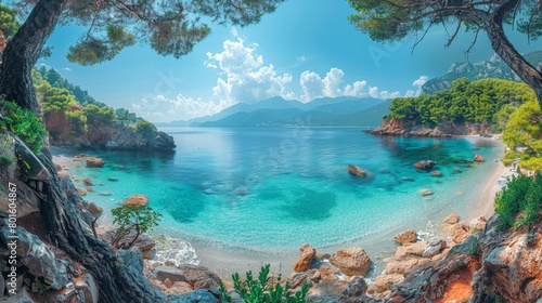 Panoramic shot of Antisamos Beach on Kefalonia Island, featuring crystal-clear waters, lush green hills, and a serene atmosphere.