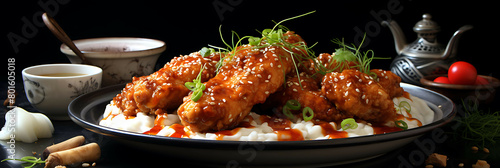 A flavorful and spicy plate of Korean fried chicken with spicy sauce and pickled radishes.