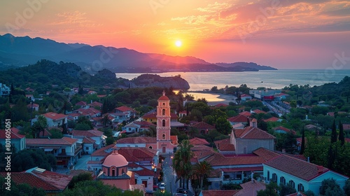 Sunset over Zakynthos town, featuring historic architecture, lush greenery, and coastal views.