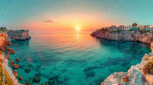Spectacular view of Polignano a Mare during spring, showcasing a stunning sunset illuminating the town and sea cliffs with vibrant colors and gleaming water.