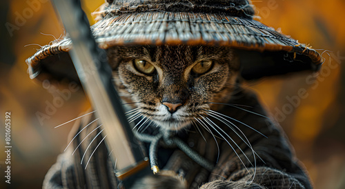 Portrait of a cat dressed as a samurai with a sword
