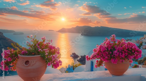 Morning in Santorini as the sun rises, illuminating a vista of calm seas and vibrant floral arrangements. A quintessential Greek island panorama.
