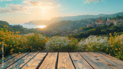 A serene view of Ragusa town in spring, featuring vibrant wildflowers in the foreground and the sunlit sea in the distance.