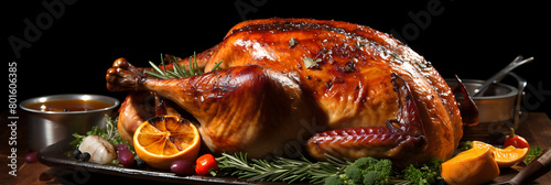 A golden-brown roasted turkey with crispy skin and savory gravy.