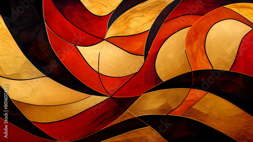 A vivid abstract design with bold geometric figures and smooth, flowing curves captured in HD, colored in deep scarlet red, contrasting black, and rich gold
