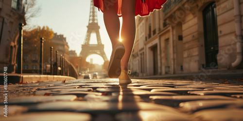 Close-up of legs of a woman wearing light shoes and red dress, walking the drenched in sun street of Paris, with Eiffel tower in background.