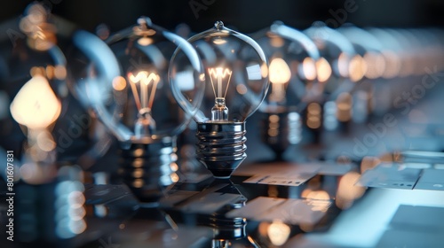 A close up of a row of lit light bulbs against a dark background.