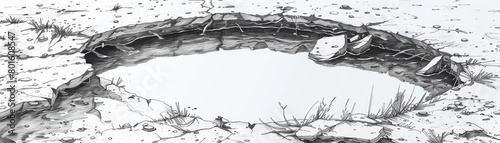 A black and white drawing of a large hole in the ground. The hole is surrounded by cracks and debris.