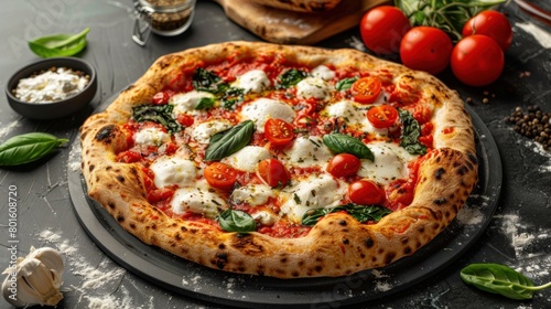 Tasty neapolitan pizza with mozzarella, tomatoes and spinach on dark background. AI generated