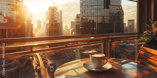 A cup of coffee on sunlit balcony in a big city on sunny morning. Having breakfast coffee with morning city skyline view.