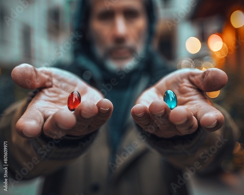 A man holding a red pill and a blue bead, representing a choice between two different paths or destinies 8K , high-resolution, ultra HD,up32K HD