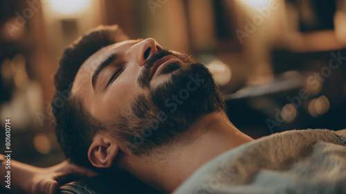 With a relaxed expression, the man leans back in the chair, closing his eyes momentarily as the barber massages his scalp with expert hands, the gentle hum of clippers filling the
