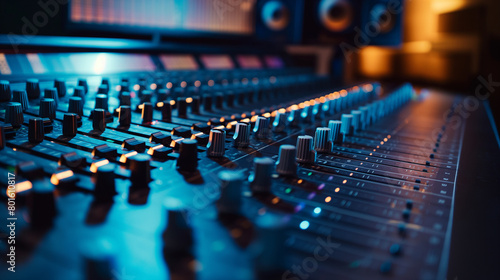 The sleek, polished surface of the mixing console gleams under the soft glow of studio lights, knobs and sliders arranged like a city skyline, inviting the touch of a meticulous so