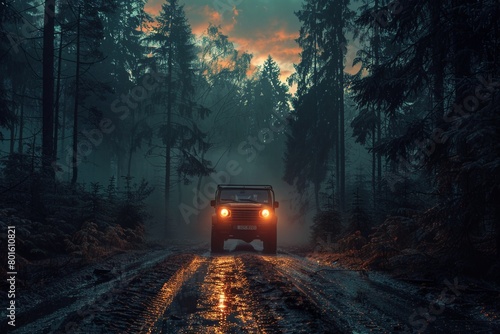 Driving into the dark forest at sunset, feeling the mysterious atmosphere and the fading light 8K , high-resolution, ultra HD,up32K HD